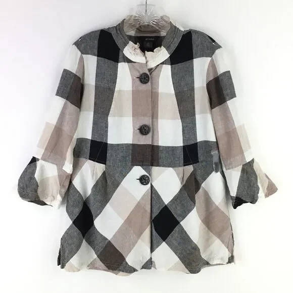 Ali Miles Linen Blend Button Up Tunic sz M Nova Check Plaid Ruffle Babydoll NEW - Picture 1 of 11